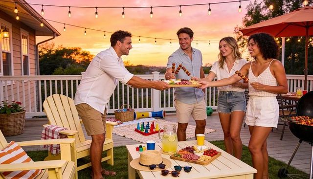 Friends sharing skewers and charcuterie on backyard deck at sunset