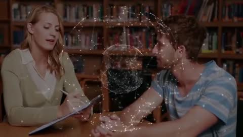 Mentor and Student Collaborating in Library with Futuristic Overlay