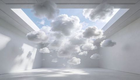 Floating cumulus clouds installation in minimal skylit white gallery, soft natural light