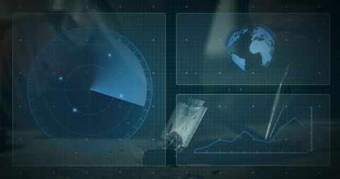 Projecting futuristic HUD overlay with radar globe and analytics over dusty workbench