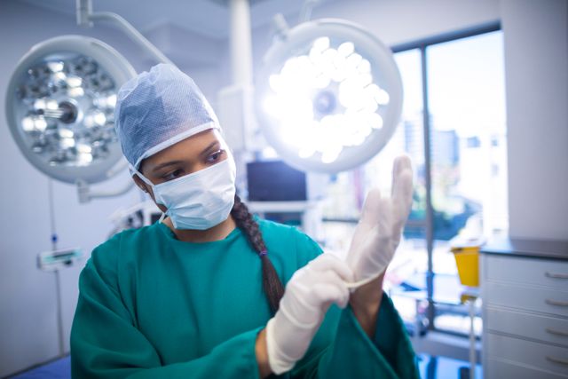 Surgeon wearing surgical gloves in operation theater of hospital