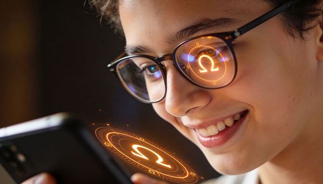 Teen boy smiling while holding smartphone watching omega hologram reflected in glasses