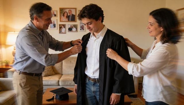 Parents helping son into graduation gown at home celebrating high school achievement