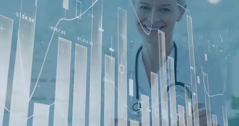 Female Doctor Standing Behind Financial Data Overlay with Charts