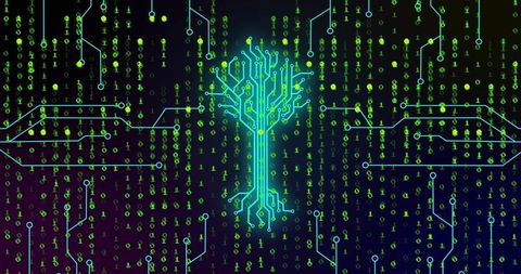 Pulsing Neon Circuit Tree Branching Through Binary Streams and Glowing Cyber Traces