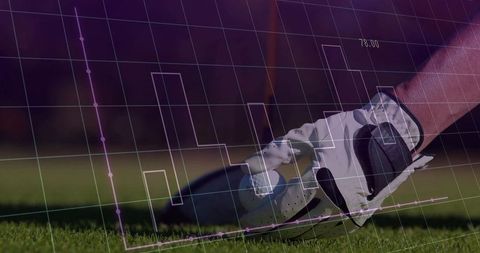 Golfer adjusting club with data overlay symbolizing performance metrics