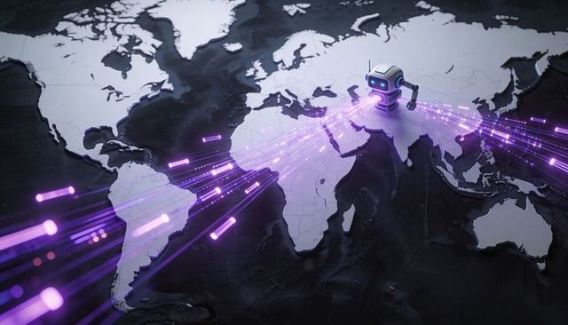 Mini AI Robot Emitting Neon Purple Data Beams Across World Map for Global Network