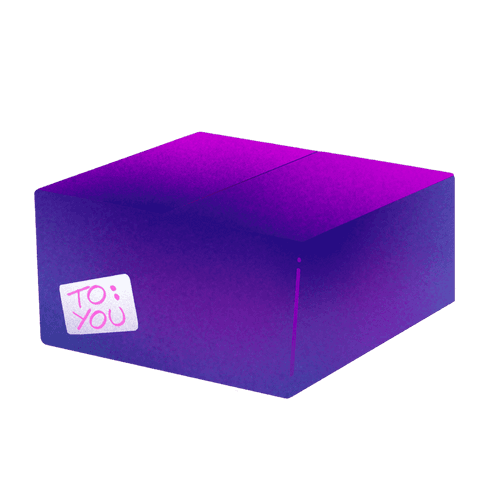 Purple gift box with text label on transparent background