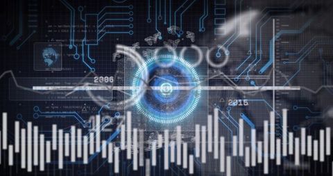 Scanning holographic reticle over virtual dashboard with waveform histogram, circuit data
