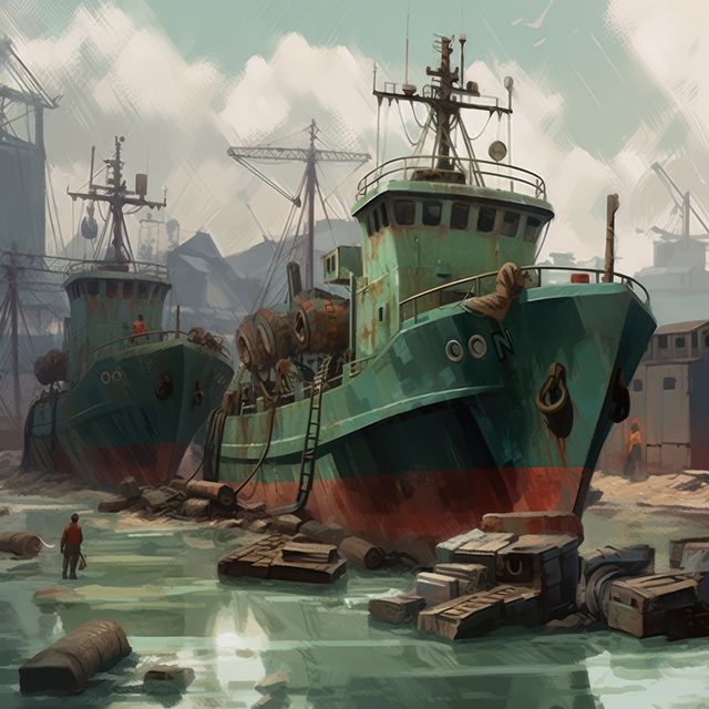Cargo boats in shipyard port, created using generative ai technology. Ships, cargo and sea transport concept digitally generated image.