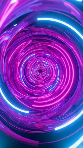 Vertical neon vortex: rotating rings entering tunnel, twisting pink ribbons and blue lights