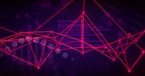 Neon Magenta Network Graph with Triangular Mesh and DNA Waveform Data Visualization