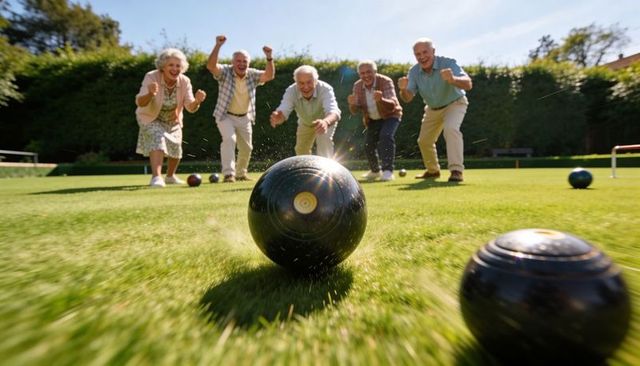 Senior friends cheering while lawn bowl rolling toward jack on sunlit bowling green