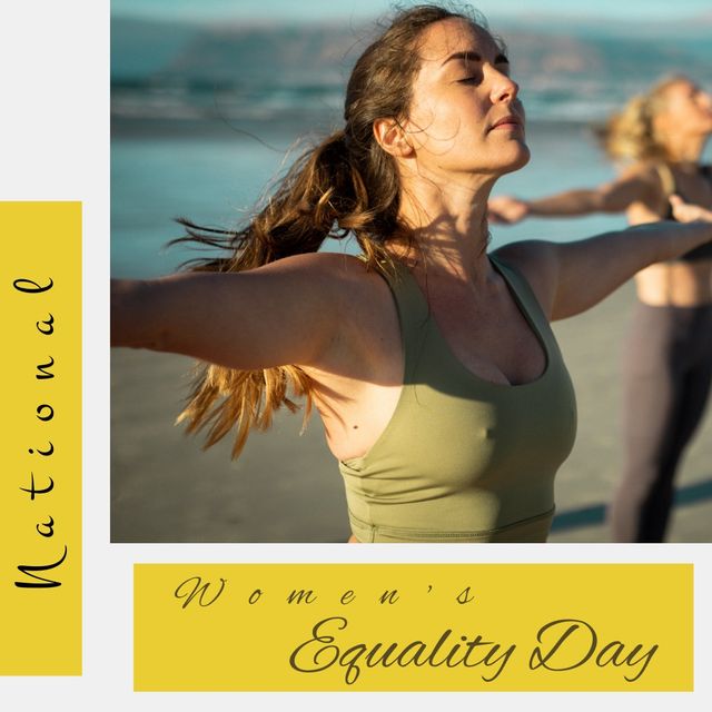Image features young woman performing yoga breathing exercises on beach in celebration of National Women's Equality Day. Suitable for promotions involving women’s equality, yoga retreats, healthy lifestyle campaigns, and outdoor wellness programs.