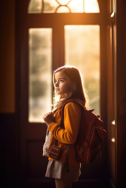 Young Girl with Backpack Standing in Sunlit Corridor - Download Free Stock Photos Pikwizard.com