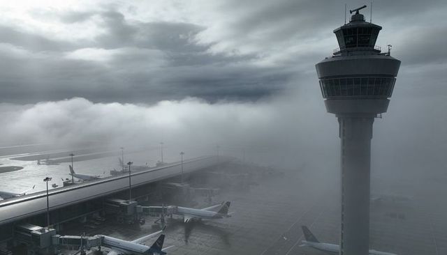 Towering control tower dominating foggy airport apron with parked airliners and wet runway