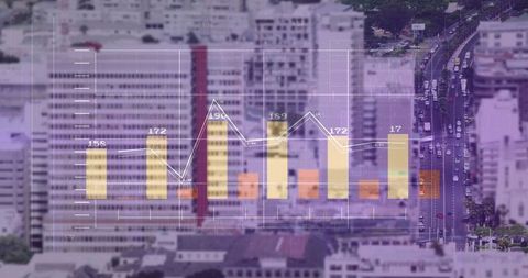 Urban Analytics Bars and Line Graph Overlay on Cityscape