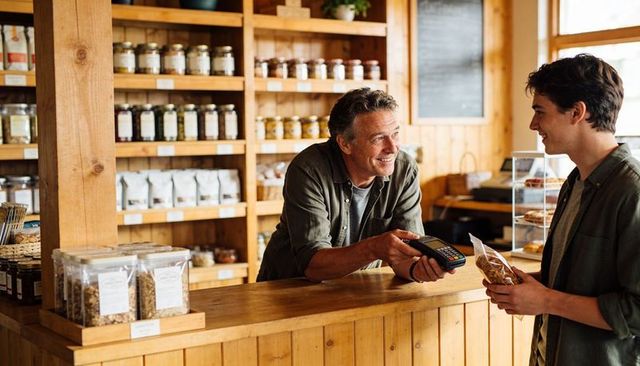 Shopkeeper handing card reader to customer buying pastry in rustic bulk grocery store