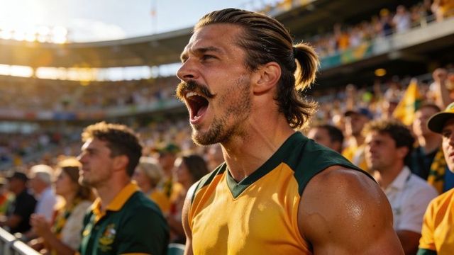 Passionate male fan shouting in sunlit stadium wearing yellow-green sleeveless jersey
