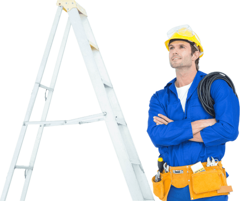 Transparent background electrician contemplating by ladder