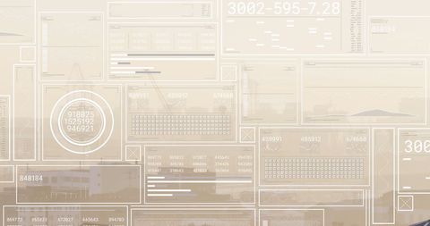 High-tech data processing interface with cityscape