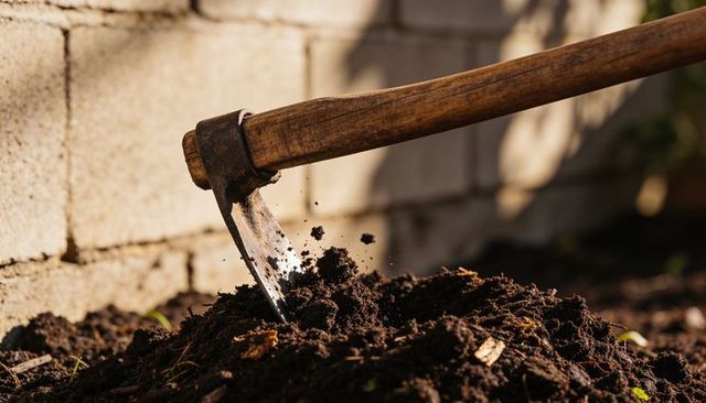 Rustic mattock turning rich compost in sunlit backyard garden bed