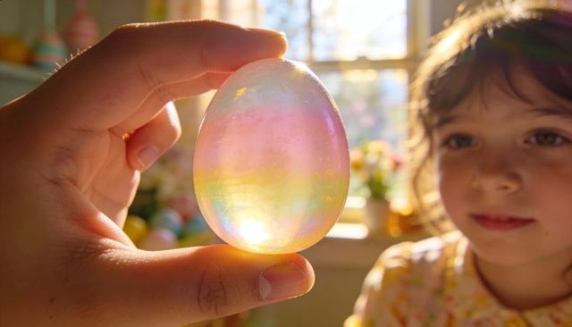 Caregiver holding iridescent pastel egg in sunlit window with child watching