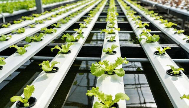 Lettuce seedlings growing in hydroponic greenhouse rows with net pots and water channels