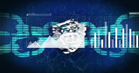 Futuristic fintech dashboard showing handshake emblem, glowing analytics and code-driven charts