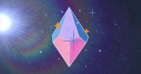 Floating Luminous Faceted Crystal in Cosmic Space with Rainbow Lens Flare, Geometric Glow