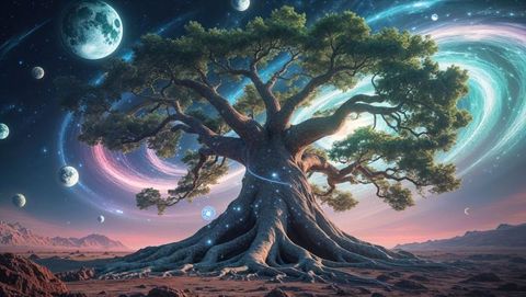 Mystical dreaming tree in cosmic landscape with moons and nebulae