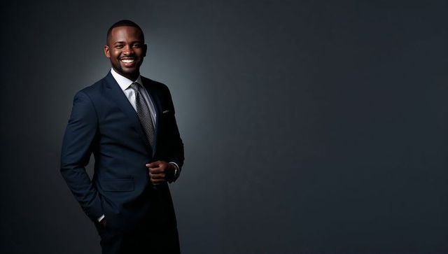 Confident Businessman in Navy Suit Smiling with Hand in Pocket