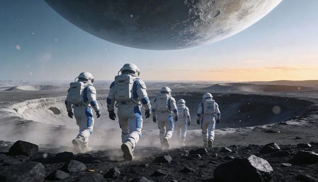 Five astronauts marching across lunar crater under looming planet at golden hour