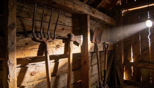 Sunlight casting long shadows of rusty pitchfork, axe and shovels on weathered barn wall