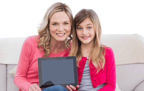 Smiling Mother and Daughter Enjoying Tablet on Transparent Background