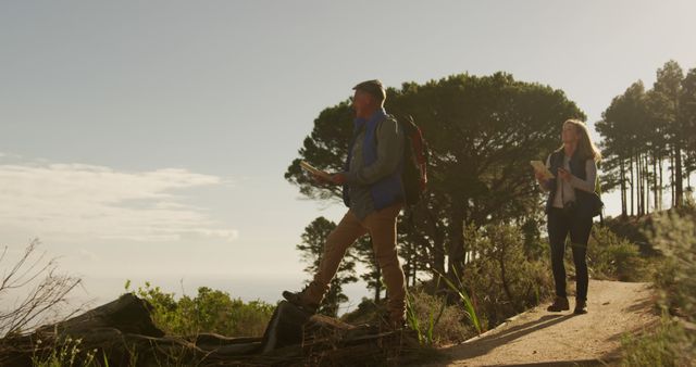 Couple Hiking Along Sunlit Trail in Wooded Area - Download Free Stock Images Pikwizard.com