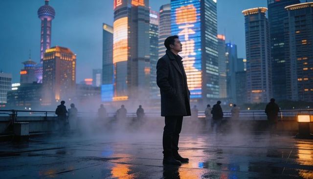 Man standing on neon-lit riverside looking at skyscrapers at night reflecting city lights