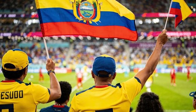 Waving ecuador flags cheering fans wearing yellow jerseys and caps in stadium matchday