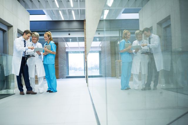 Medical team discussing over digital tablet in corridor at hospital