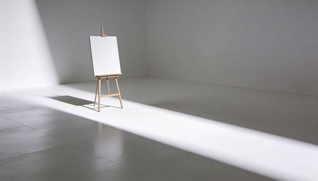 Minimalist studio blank canvas on wooden easel casting long diagonal sunbeam and shadow