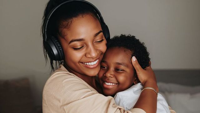 Mother wearing headphones hugging smiling child on sofa sharing warm family bond and joy