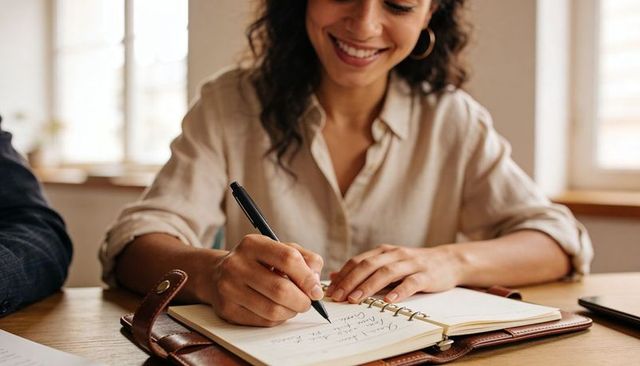 Smiling woman writing in leather ring-bound planner at table, cozy daylight workspace
