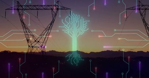 Glowing circuit-tree hovering over power grid at dusk representing smart energy tech