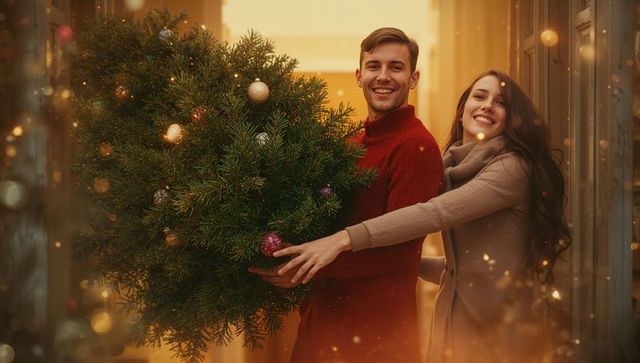 Happy Couple Bringing Christmas Tree into Home for Festive Celebrations