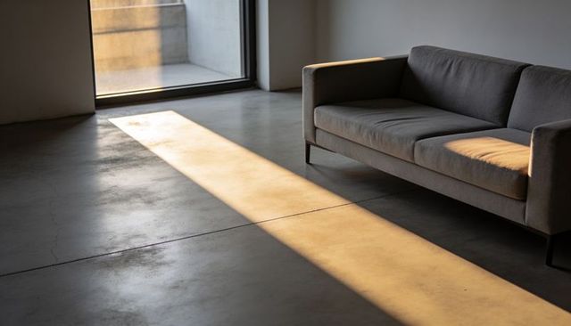 Minimalist gray sofa receiving warm sunbeam on polished concrete floor near glass door