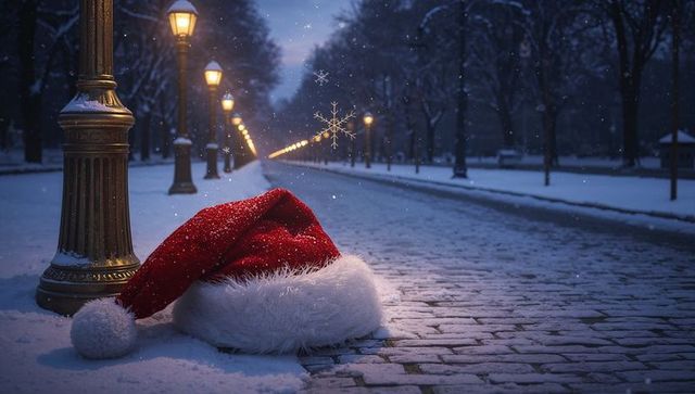 Resting santa hat on snowy cobblestone promenade at twilight with glowing lampposts