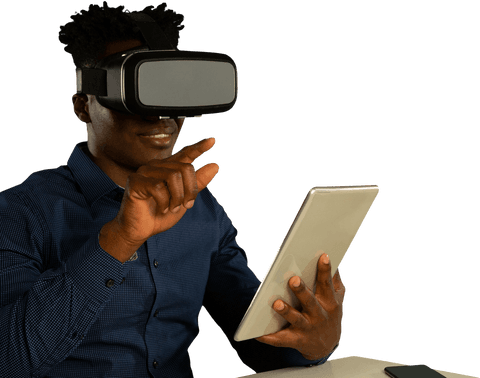 Man Engaging with Virtual Reality Device and Tablet Transparent Background - Download Free Stock Videos Pikwizard.com