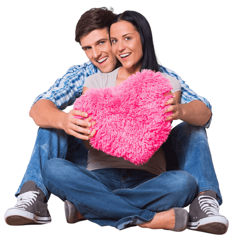 Happy Couple Holding Heart Cushions on Transparent Background