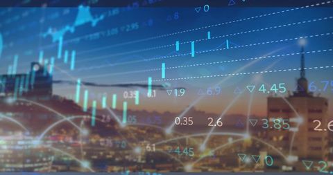 Digital finance overlays urban skyline at dusk