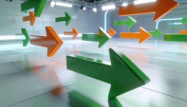 Floating 3d arrows pointing right in neon futuristic showroom with glossy reflections